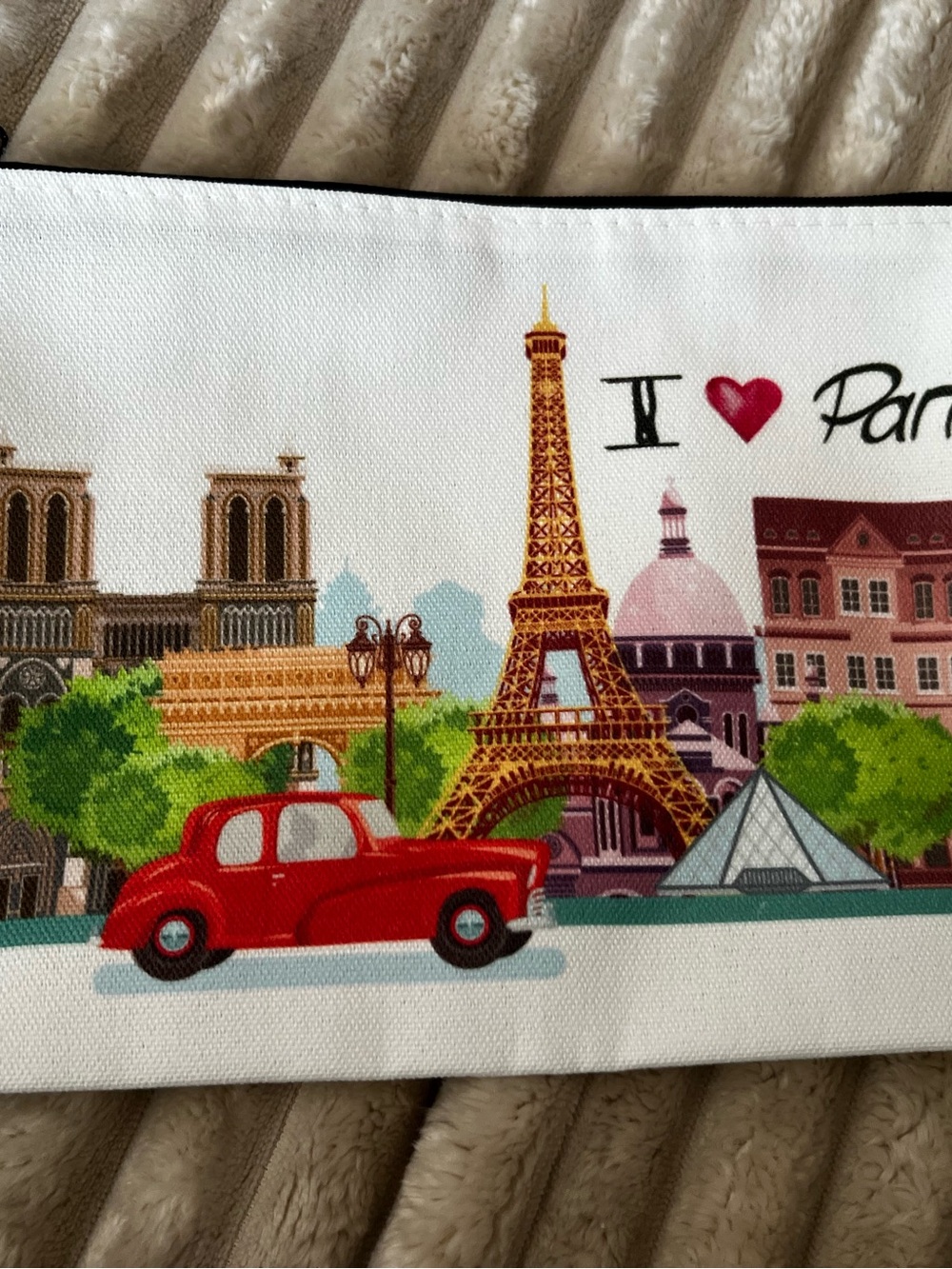 NEW I Love Paris Red Car Canvas Zippered Cosmetic Bag Travel Makeup Pouch
